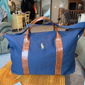 Polo by Ralph Lauren Blue and Brown Duffel Bag with Leather Accents